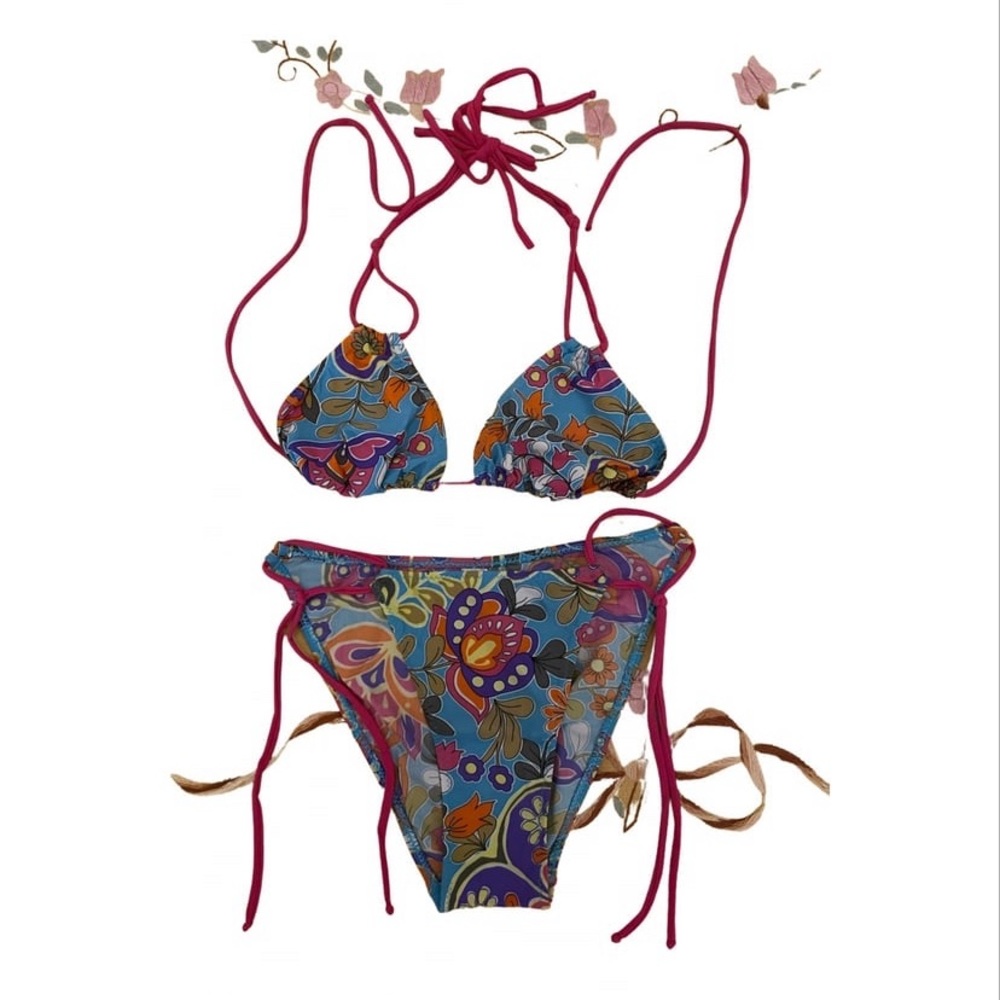 Gorgeous Roberto Cavalli freedom printed teal string bikini bottom IT 42 top 40